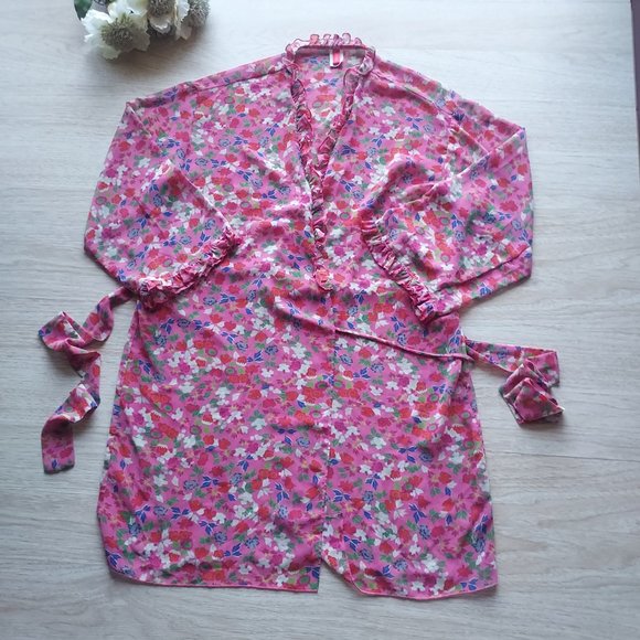 JOSIE Natori Chiffon Floral Ruffle Kimono Mini Robe Tie-Waist Pink Women Small - Picture 5 of 9